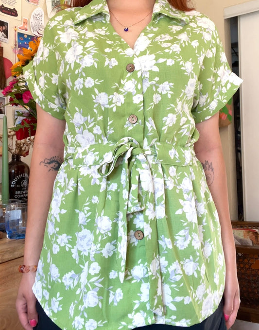 Green floral button up blouse