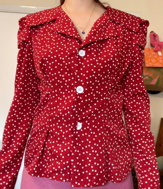 Red heart button up with small shoulder pads