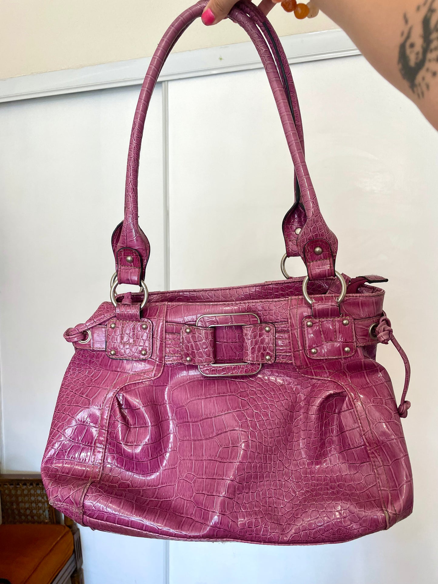 Big purple faux snakeskin purse