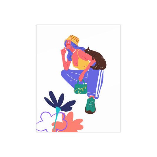 Girl and Cat Colorful Satin Posters (300gsm) | Women Empowerment |  Cute Cat Girl